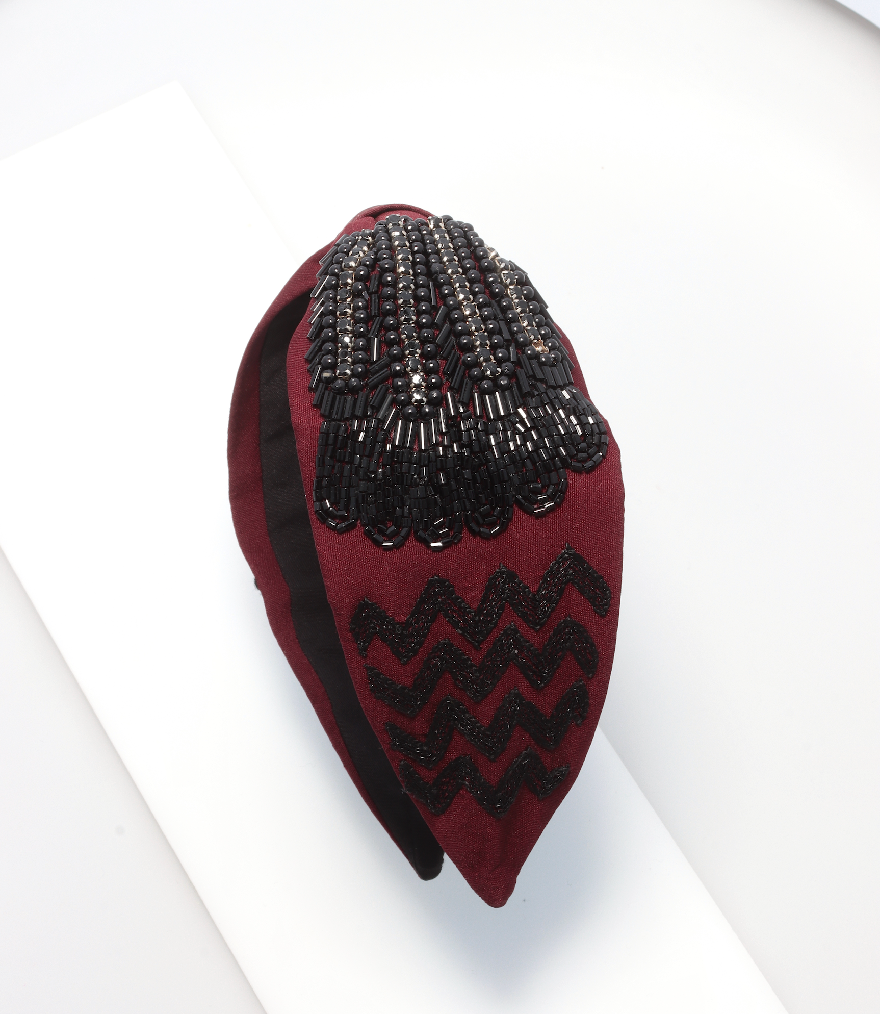 NOON HANDMADE HEADBAND  REDWINE PEACOCK BLACK BEADS