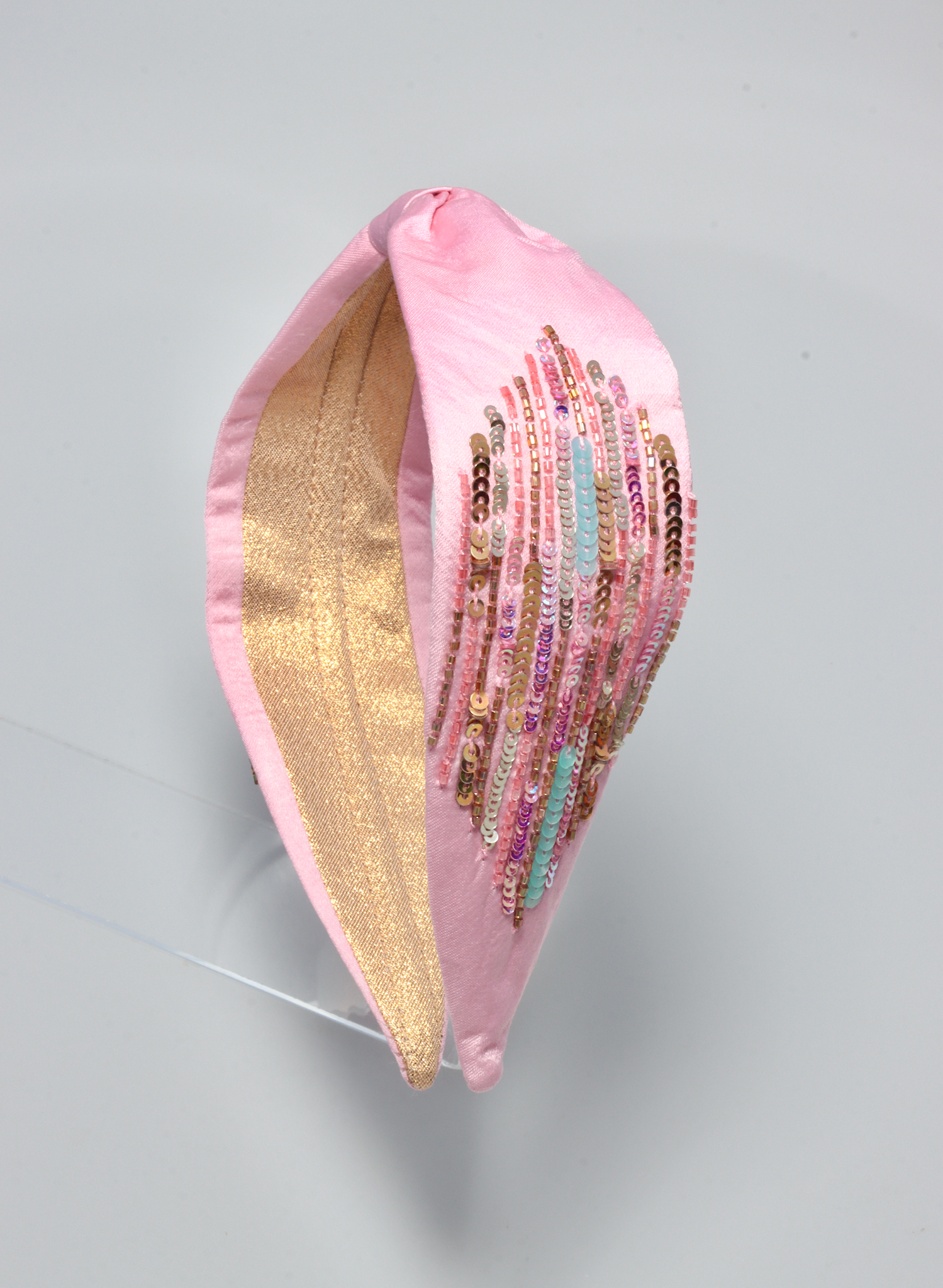 ANITA BRAND PINK HEADBAND WITH GOLD,PINK AND LIGHT BLUE BEADS