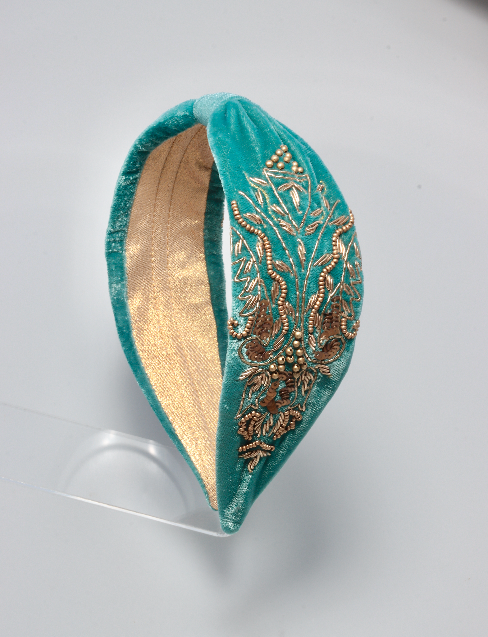 ANITA BRAND TEAL VELVET HEADBAND WITH GOLD AND BRONZE  BEADS