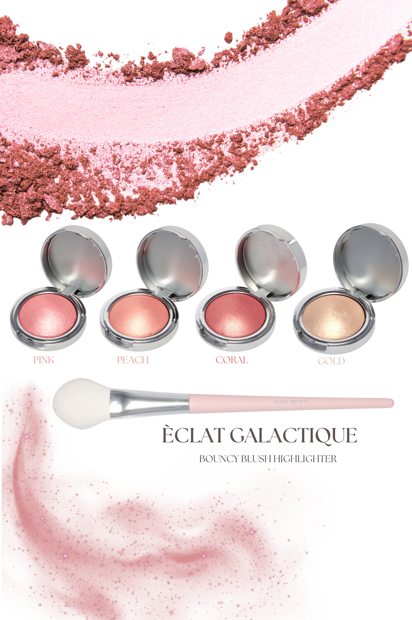ÉCLAT GALACTIQUE  Bundle of 4 BOUNCY BLUSH HIGHLIGHTER  with FREE ÉCLAT GALACTIQUE  BLUSH  BRUSH